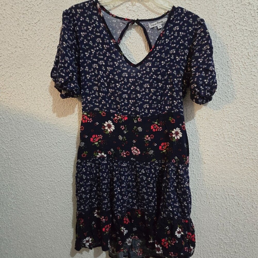 Velvet Torch Women's Floral Print Size M Puff Sleeve Dress Medium Navy Blue